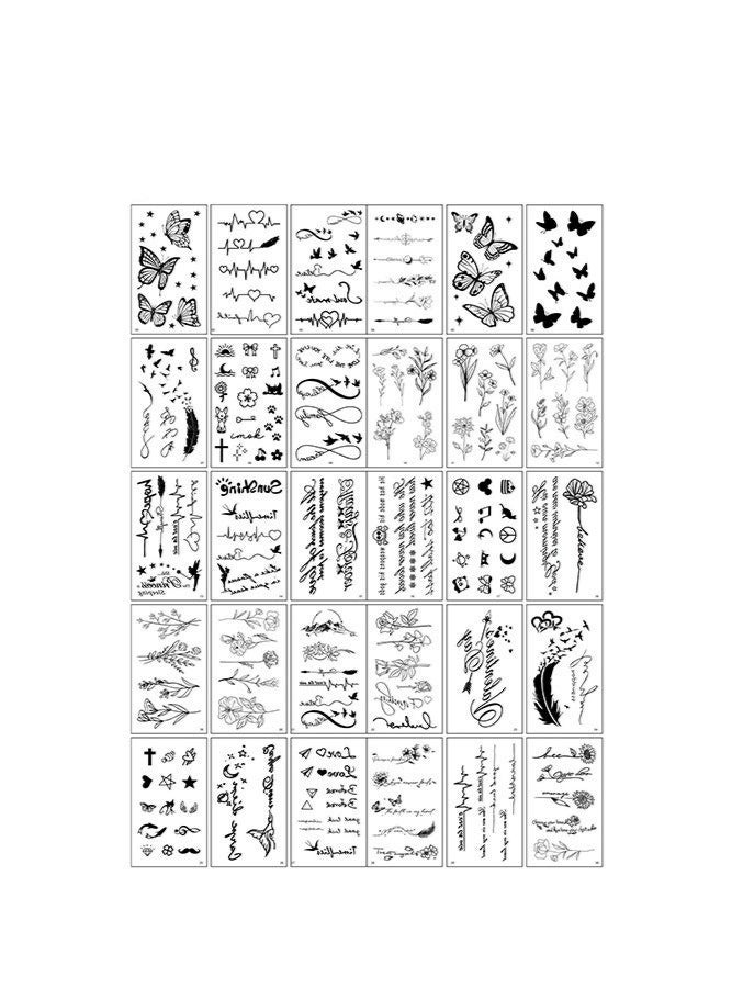 30-Sheets Waterproof Temporary Tattoo Stickers, Butterfly Love Heartbeat Anchor Text Line Flower for Kids Adults Men and Women - Black - Image 1